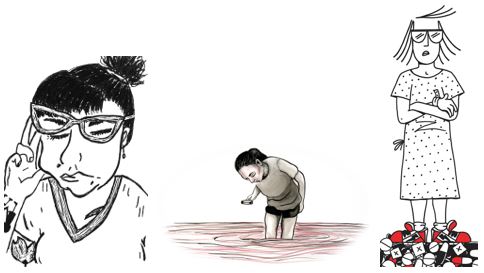 Three hand-drawn images side by side (left to right): a woman with glasses, which are crooked because she is touching the side of her face with her hand; a woman slightly bent over, looking down, is holding an unknown object while standing in knee-deep water; a woman in a hospital gown stands with arms crossed over her chest, on top of a platform made of what looks like pills and paper prescriptions.
